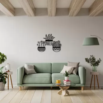 Decoratiune de perete, Cactus, Metal, 20 x 25 cm, 3 piese, Negru imagine