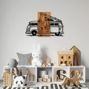 Decoratiune de perete, Caravan Holiday, Lemn/metal, 90 x 58 cm, Nuc / Negru imagine