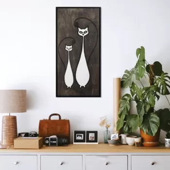 Decoratiune de perete, Cat Family, Placaj, 29 x 59 cm, Alb negru imagine