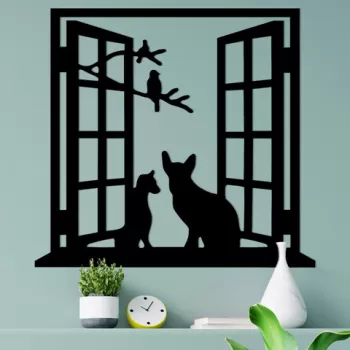 Decoratiune de perete, Cat In The Window, Metal, 100 x 92 cm, Negru imagine