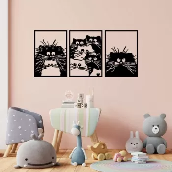 Decoratiune de perete, Cats, Metal, 50 x 70 cm, 3 piese, Negru imagine