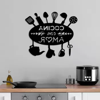 Decoratiune de perete, Cocina Con Amor, Metal, 49 x 1,5 x 43 cm, Negru imagine