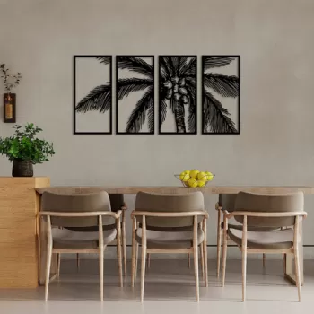 Decoratiune de perete, Coconut Tree, Metal, 34 x 70 cm, 4 piese, Negru imagine