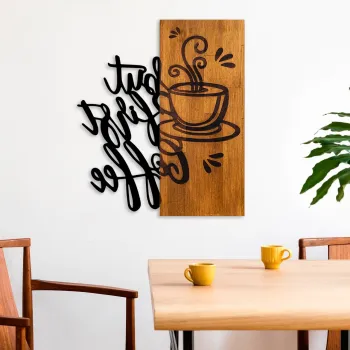 Decoratiune de perete, Coffee First, Latime: 50 cm Inaltime: 58 cm Adancime: 3 cm, Nuc / Negru imagine