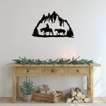 Decoratiune de perete, Cowboy, Metal, Dimensiune: 70 x 44 cm, Negru imagine