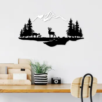 Decoratiune de perete, Deer And Landscape, Dimensiune: 38 x 11 cm (1 bucata), Alb/Negru imagine
