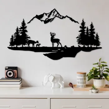 Decoratiune de perete, Deer And Landscape, Dimensiune: 38 x 11 cm (1 bucata), Negru imagine