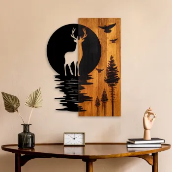 Decoratiune de perete, Deer and Moon, Latime: 43 cm Inaltime: 58 cm Adancime: 3 cm, Nuc / Negru imagine