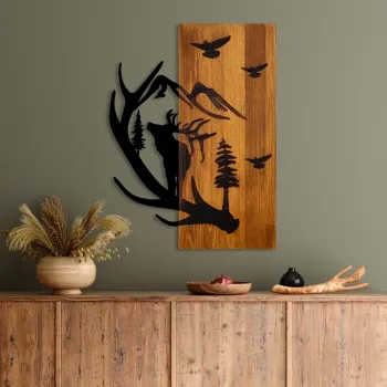 Decoratiune de perete, Deer and Mountain, Latime: 43 cm Inaltime: 58 cm Adancime: 3 cm, Nuc / Negru imagine