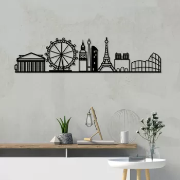 Decoratiune de perete, European Cities Skyline, Metal, Dimensiune: 120 x 29 cm, Negru imagine