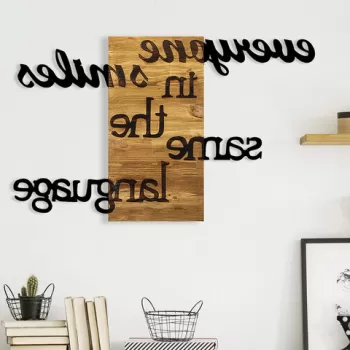 Decoratiune de perete, Everyone Smiles in The Same Language, Metal/lemn, 95 x 58 cm, Nuc / Negru imagine