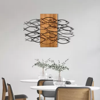 Decoratiune de perete, Fish, Metal, Cadru: 100% LEMN (grosime: 3 cm), Nuc negru imagine