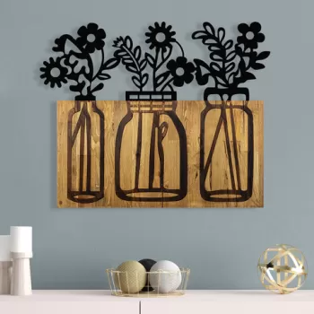 Decoratiune de perete, Flower 5, Metal/lemn, Dimensiune: 65 x 3 x 52 cm, Nuc / Negru imagine