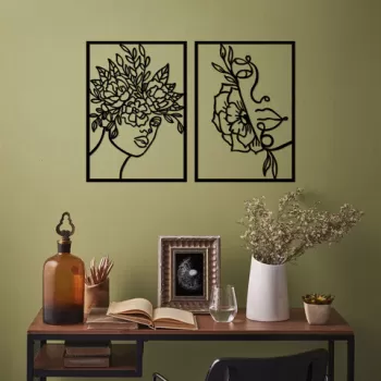 Decoratiune de perete, Flower Woman, Metal, 50 x 70 cm, 2 piese, Negru imagine