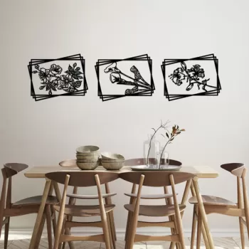 Decoratiune de perete, Flowers 2, Metal, 60 x 47 cm, 3 piese, Negru imagine