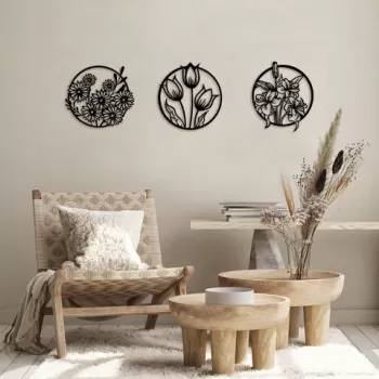 Decoratiune de perete, Flowers, Metal, 30 x 34 cm, 3 piese, Negru imagine