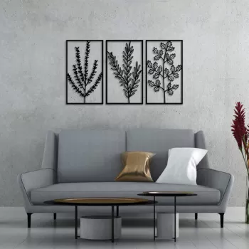 Decoratiune de perete, Flowers, Metal, 40 x 70 cm, 3 piese, Negru imagine