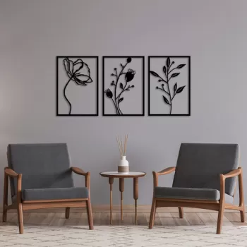 Decoratiune de perete, Flowers, Metal, 49 x 70 cm, 3 piese, Negru imagine