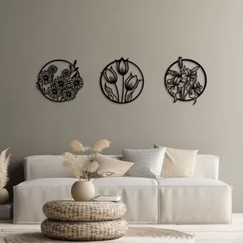 Decoratiune de perete, Flowers, Metal, 50 x 57 cm, 3 piese, Negru imagine