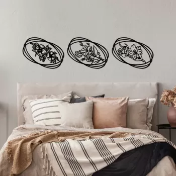 Decoratiune de perete, Flowers, Metal, 60 x 45 cm, 3 piese, Negru imagine