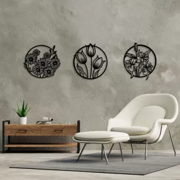 Decoratiune de perete, Flowers, Metal, 72 x 79 cm, 3 piese, Negru imagine