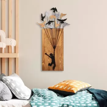 Decoratiune de perete, Flying Boy 2, Lemn/metal, Dimensiune: 45 x 86 cm, Nuc / Negru imagine