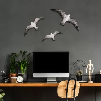 Decoratiune de perete, Flying Seagulls, Poliester, Alb negru imagine