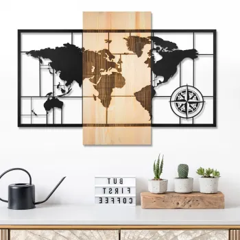 Decoratiune de perete, Fusione Naturale -1, Metal, Lemn (Grosime: 3 cm, Natural/Negru imagine