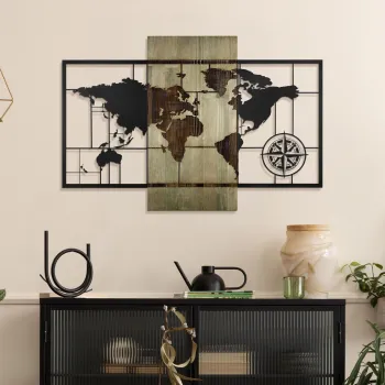 Decoratiune de perete, Fusione Naturale -2, Metal, Lemn (Grosime: 3 cm, Verde/Negru imagine