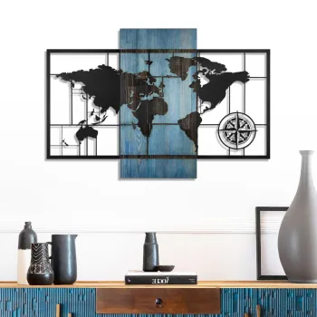 Decoratiune de perete, Fusione Naturale -3, Metal, Lemn (Grosime: 3 cm, Albastru/Negru imagine