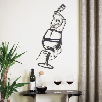 Decoratiune de perete, Glass of Wine Girl Line Art- APT749 L, Dimensiuni: 48 x 99 cm, Negru imagine