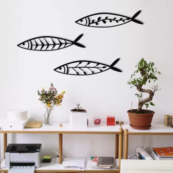 Decoratiune de perete, Hamsi , Metal, 32 x 8 cm, 3 piese, Negru imagine