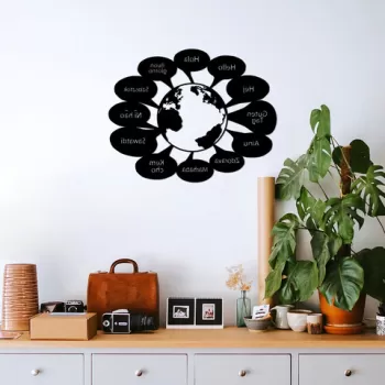 Decoratiune de perete, Hello in World Language, Metal, Dimensiune: 70 x 55 cm, Negru imagine