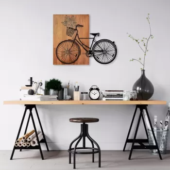 Decoratiune de perete, Historical Floral Bike, Lemn/metal, Dimensiune: 88 x 70 cm, Nuc / Negru imagine
