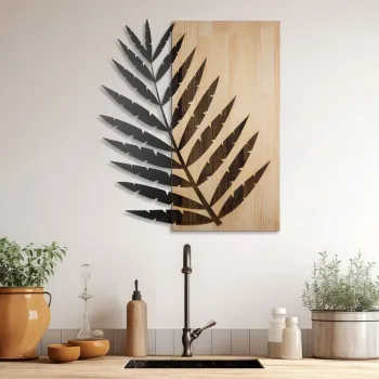 Decoratiune de perete, Hoja de Arte -1, Metal, Lemn (Grosime: 3 cm, Natural/Negru imagine