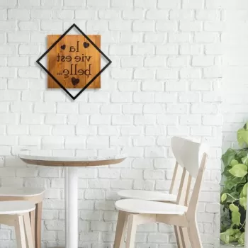 Decoratiune de perete, La Vie Est Belle, 50% lemn/50% metal, Dimensiune: 54 x 54 cm, Nuc / Negru imagine