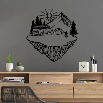 Decoratiune de perete, Landscape Camp, Metal, Dimensiune: 67 x 70 cm, Negru imagine
