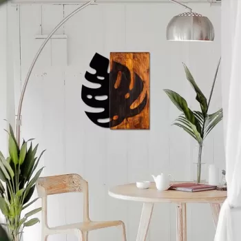 Decoratiune de perete, Leaf 2, 50% lemn/50% metal, Dimensiune: 52 x 58 cm, Nuc / Negru imagine