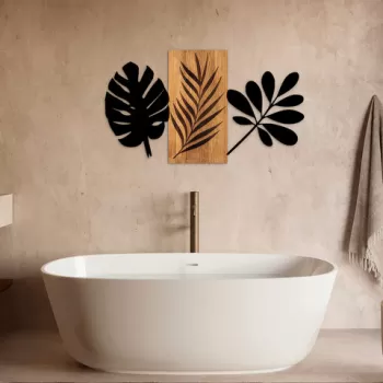 Decoratiune de perete, Leaves 3, 50% lemn/50% metal, 103 x 58 cm, Nuc / Negru imagine