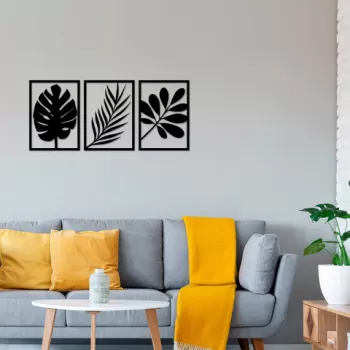 Decoratiune de perete, Leaves, Metal, 30 x 42 cm, 3 piese, Negru imagine