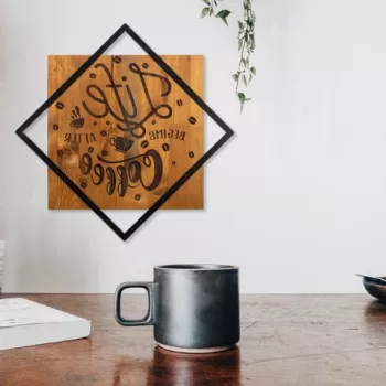 Decoratiune de perete, Life Begins After Coffee, 50% lemn/50% metal, Dimensiune: 54 x 54 cm, Nuc / Negru imagine