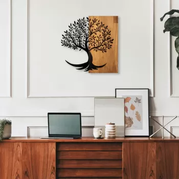 Decoratiune de perete, Lime Tree, Lemn/metal, Dimensiune: 58 x 58 cm, Nuc / Negru imagine