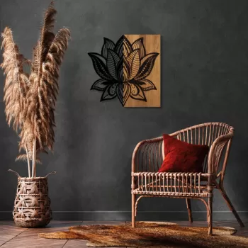 Decoratiune de perete, Lotus 10, 50% lemn/50% metal, Dimensiune: 59 x 58 cm, Nuc / Negru imagine