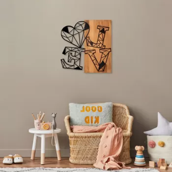 Decoratiune de perete, Love 1, 50% lemn/50% metal, Dimensiune: 56 x 58 cm, Nuc / Negru imagine
