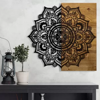 Decoratiune de perete, Mandala 6, Metal/lemn, Dimensiune: 59 x 3 x 58 cm, Nuc / Negru imagine