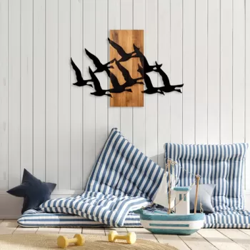 Decoratiune de perete, Migrant Birds, Lemn/metal, Dimensiune: 84 x 58 cm, Nuc / Negru imagine
