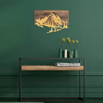 Decoratiune de perete, Mountain v2, 50% lemn/50% metal, Dimensiune: 58 x 38 cm, Nuc / Aur imagine