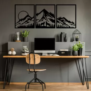 Decoratiune de perete, Mountain View, Metal, 58 x 70 cm, 3 piese, Negru imagine