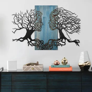 Decoratiune de perete, Murmure des Feuilles -1, Metal, Lemn (Grosime: 3 cm, Albastru/Negru imagine