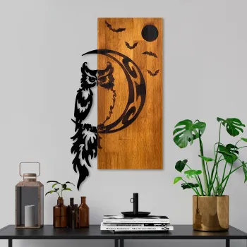 Decoratiune de perete, Owl, Latime: 36 cm Inaltime: 66 cm Adancime: 3 cm, Nuc / Negru imagine